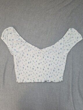Primark White Smocked Off-Shoulder Floral Crop Top